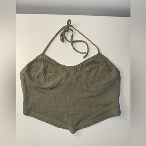 SHEIN Olive Ribbed Halter Crop Top